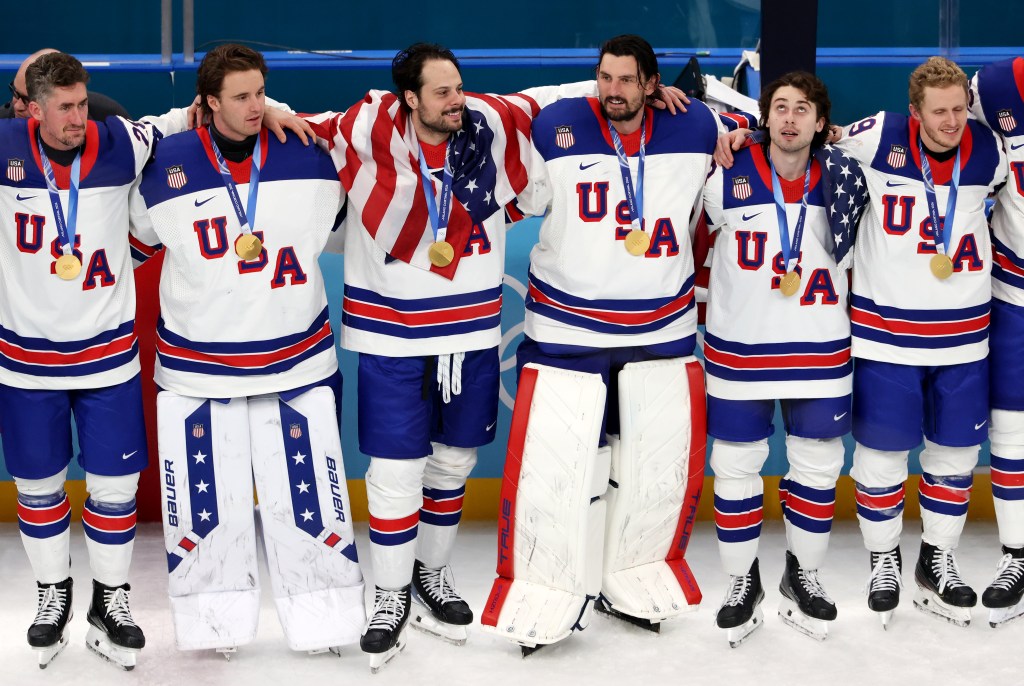Gold medalists players for Team United States look on during the medal ceremony for Men's Ice Hockey following the Men's Gold Medal match between Canada and the United States.