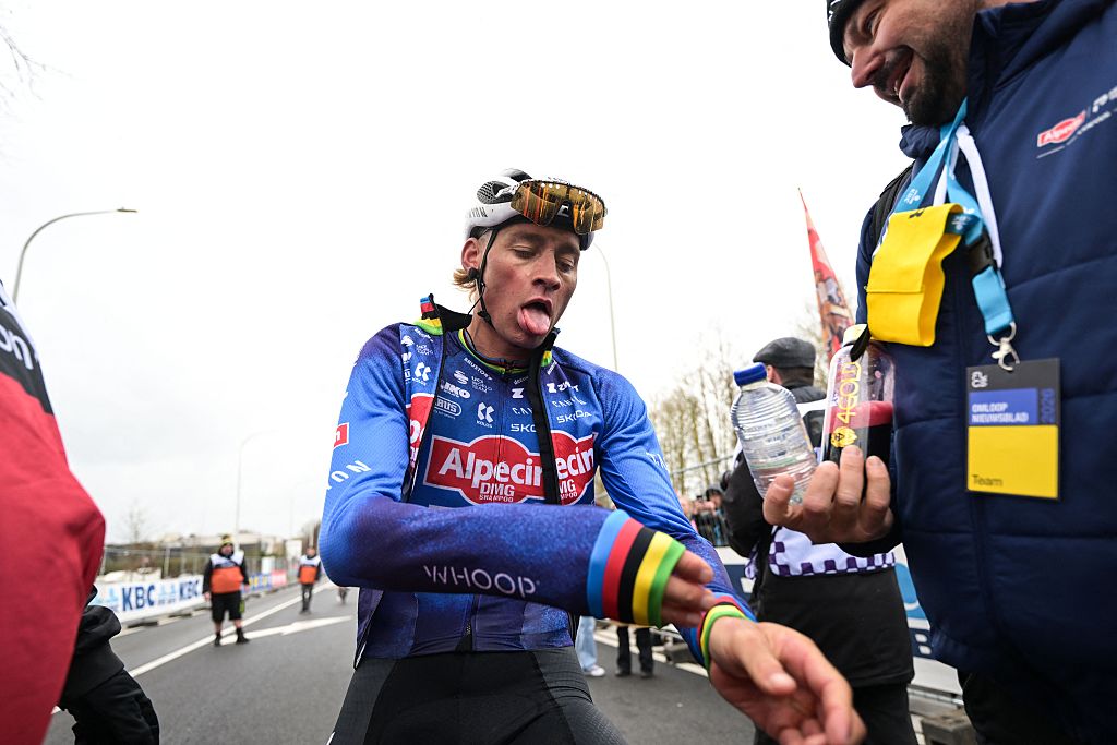 Dutch Mathieu van der Poel of Alpecin-Premier Tech wins the 81st edition of the men's one-day cycling race Omloop Het Nieuwsblad (UCI World Tour), the opening race of the Flemish one-day classics season, 207,6 km from Gent to Ninove, Saturday 28 February 2026. BELGA PHOTO DAVID PINTENS (Photo by DAVID PINTENS / BELGA MAG / Belga via AFP)