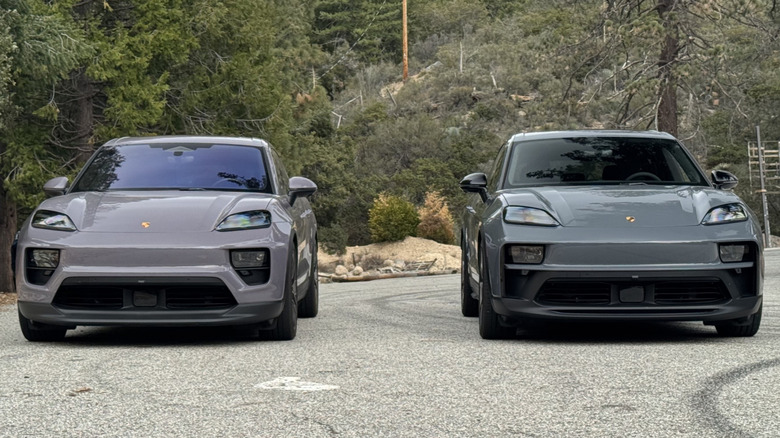 A side-by-side shot of a Frozen Berry Macan 4S Electric parked next to a Slate Grey Neo Macan GTS Electric parked in front of lots of trees and shrubs