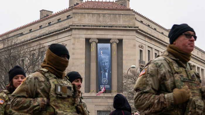  US justice department hangs banner of Donald Trump at headquarters