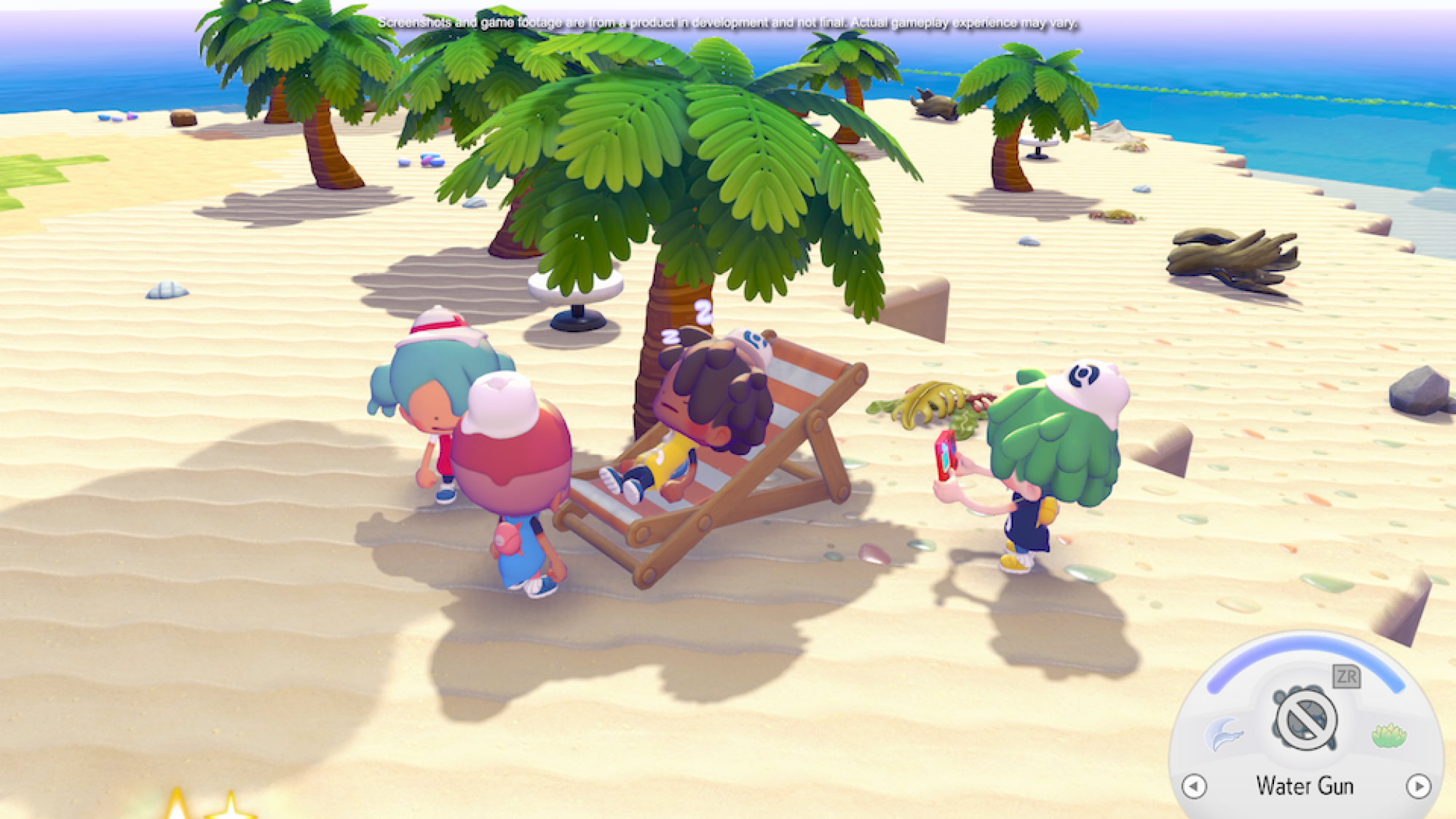 A bunch of human Dittos lounging on a beach in Pokopia