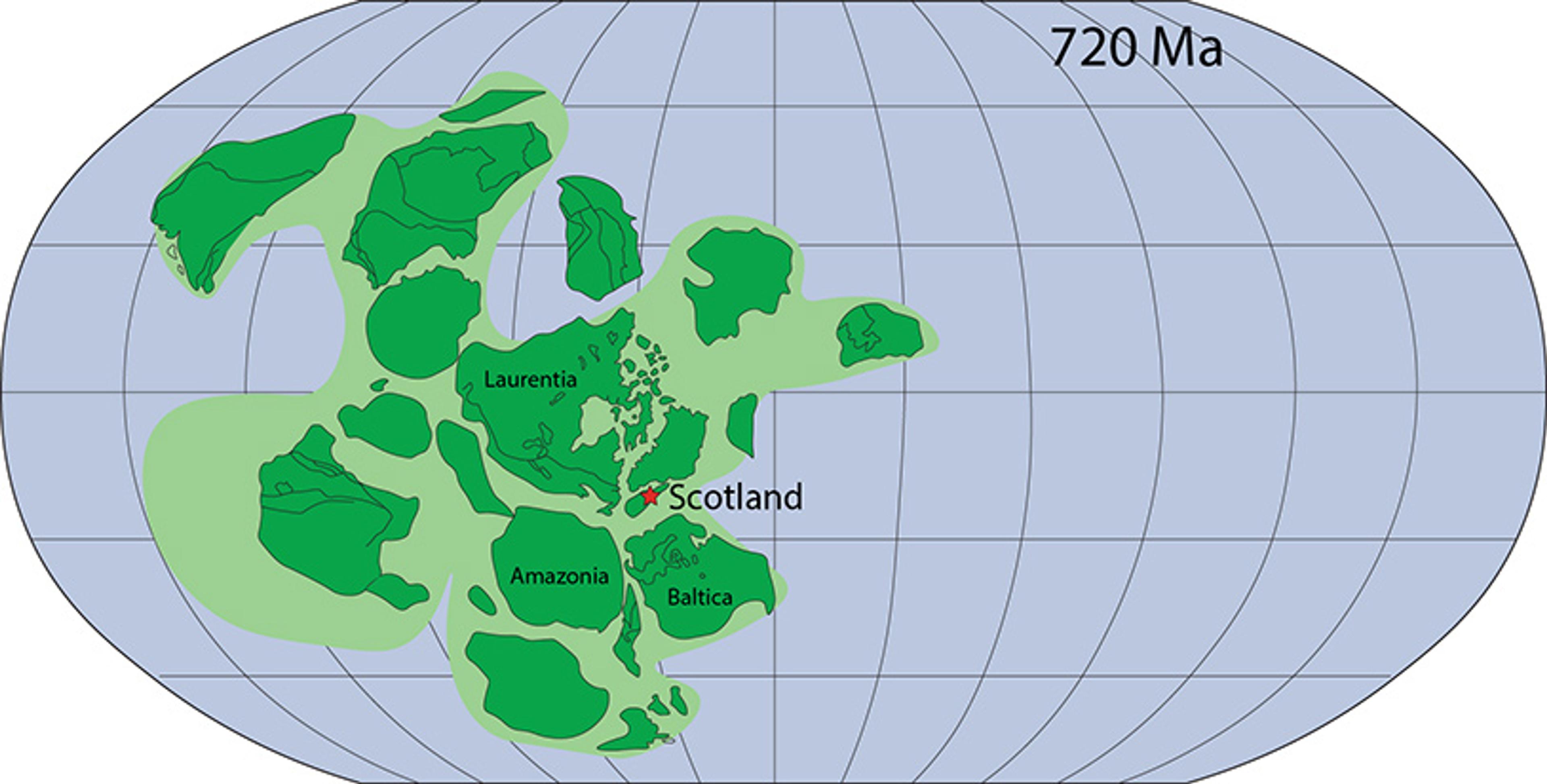 Map illustration showing ancient landmasses 720 million years ago with Scotland marked in red, labelled Laurentia, Amazonia, Baltica.