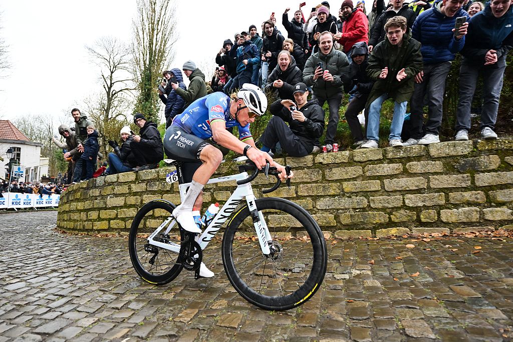 Dutch Mathieu van der Poel of Alpecin-Premier Tech pictured on the Kapelmuur in Geraardsbergen, during the 81st edition of the men's one-day cycling race Omloop Het Nieuwsblad (UCI World Tour), the opening race of the Flemish one-day classics season, 207,6 km from Gent to Ninove, Saturday 28 February 2026. BELGA PHOTO DAVID PINTENS (Photo by DAVID PINTENS / BELGA MAG / Belga via AFP)