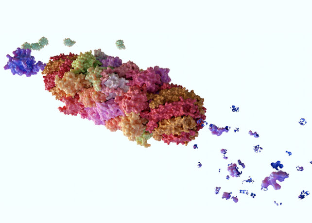 A rendering showing multi-colored particles
