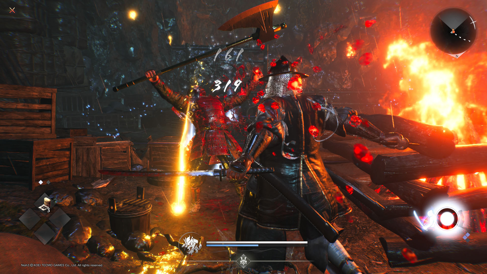 Attacking an axe-wielding enemy next to a campfire with two blades as a samurai in Nioh 3