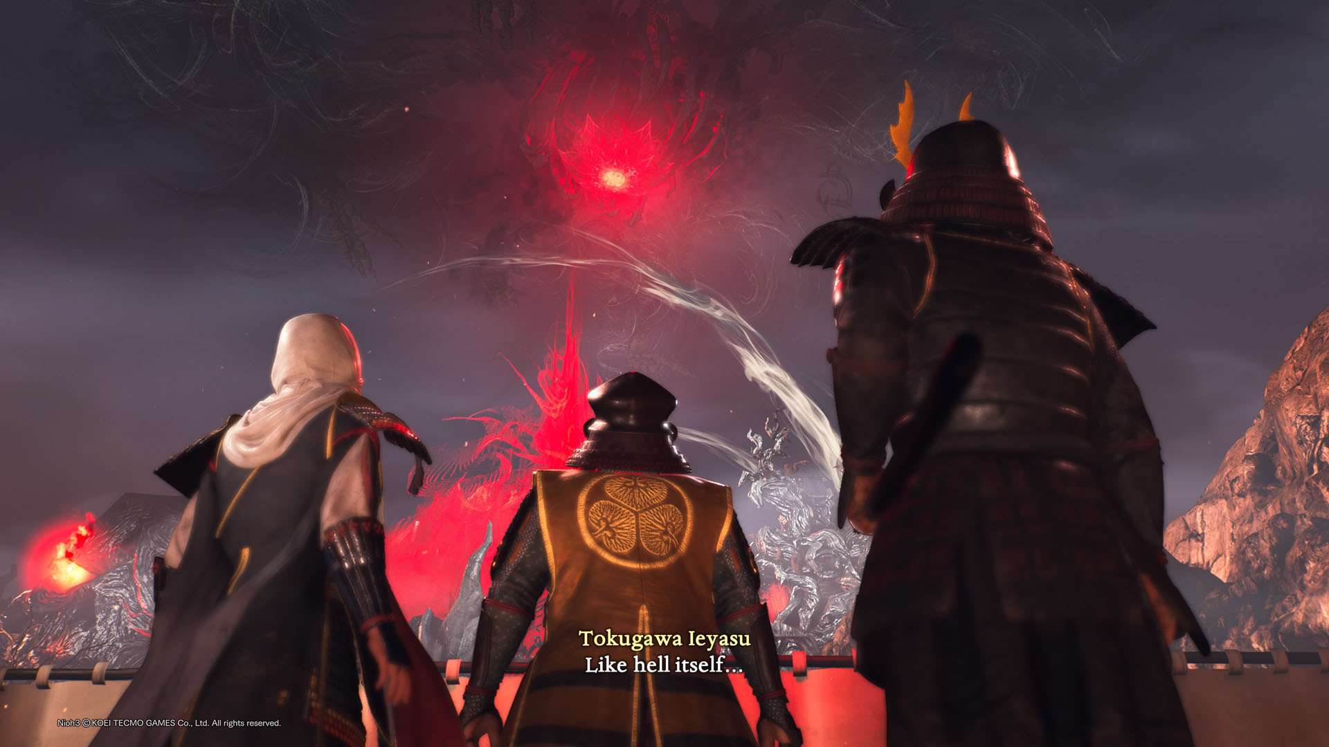 Tokugawa Ieyasu and the player look up a spider-lily-like entity in the sky in Nioh 3 that pours a red energy across the landscape