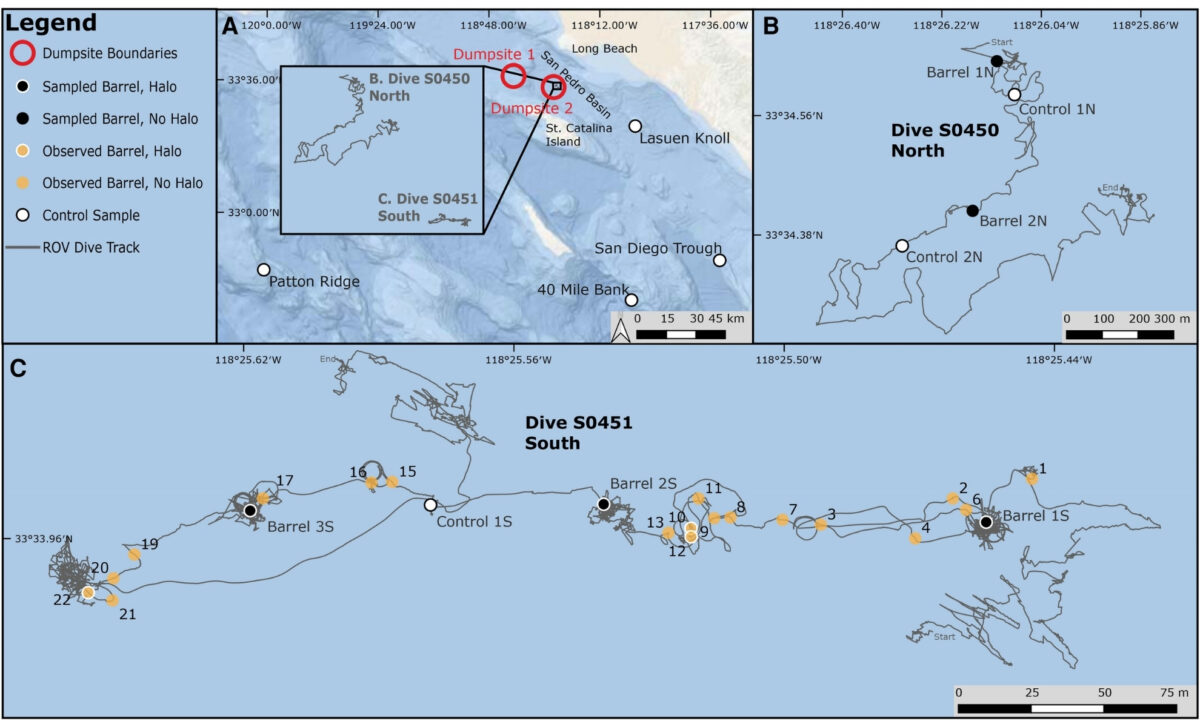 Rov Dive Tracks And Sediment Sampling. A) Location Of Two Reported Dumpsites (red Circles) In The San Pedro Basin