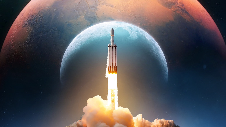 concept of space shuttle taking off, moon and mars visible in the background