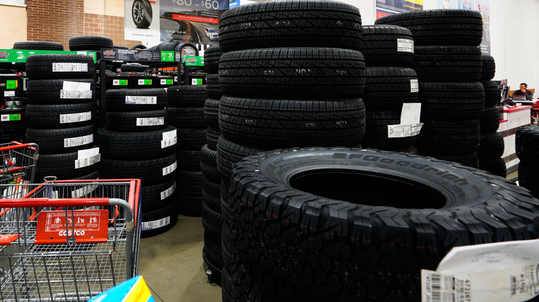 Stacks of tires at a tire center