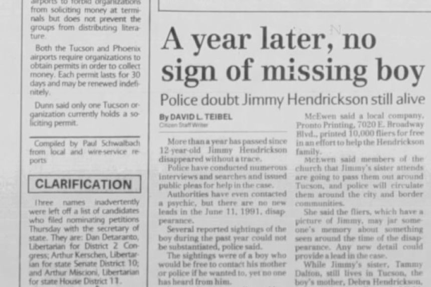 A 1992 headline from the Tucson Citizen about Jimmy Hendrickson's disappearance.