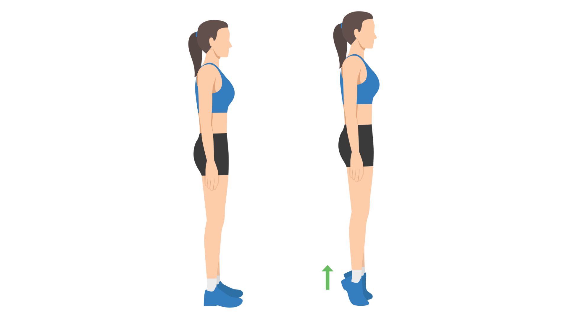 Illustration of a woman performing dumbbell calf raises, shown with feet flat in the starting position and raised onto the toes in the finishing position.