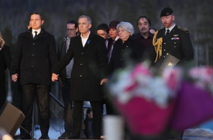  Prime Minister Carney and Canada’s main opposition leader hold hands during school shooting vigil