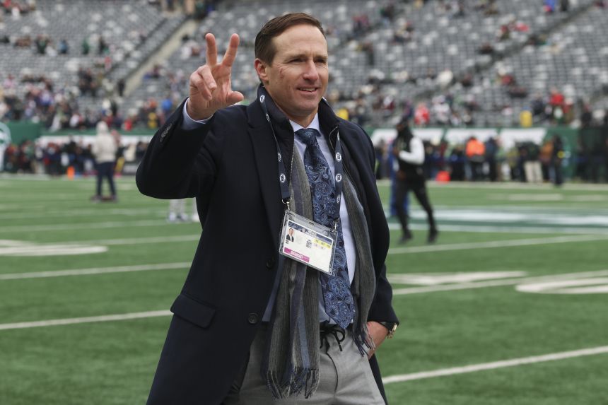 Drew Brees on the field prior to the game between the New England Patriots and New York Jets in December 2025.