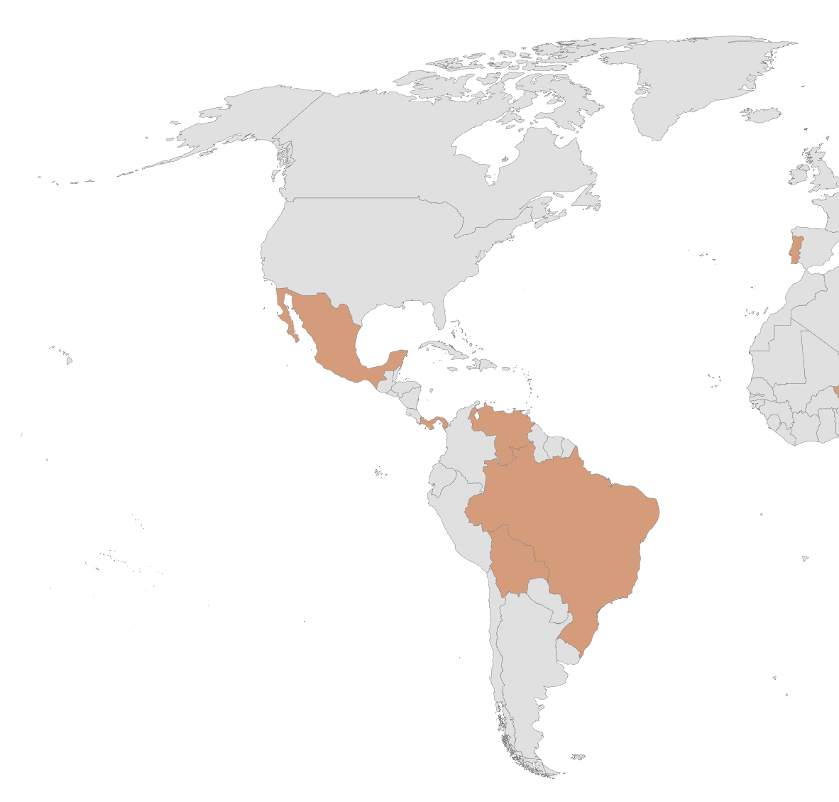 Map highlighting Mexico, Colombia, and Venezuela in orange, with other areas in gray.