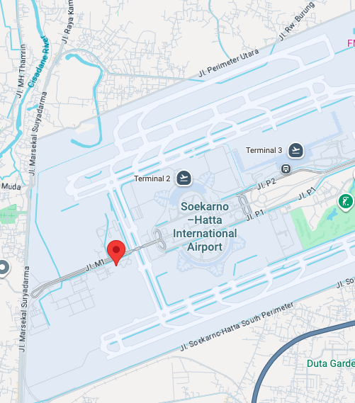 Map view focusing on Soekarno–Hatta International Airport with terminals labeled and a red marker indicating a specific location within the area.