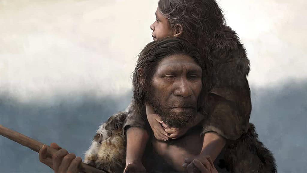 Ancient human ancestor with child on back in natural landscape, paleoanthropology research.