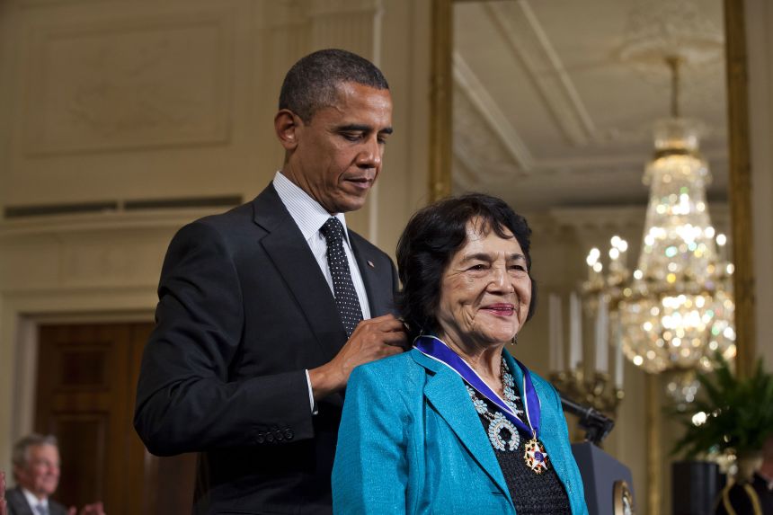 President Barack Obama awards the Presidential Medal of Freedom to Dolores Huerta, cofounder of the United Farm Workers union, in May 2012.
