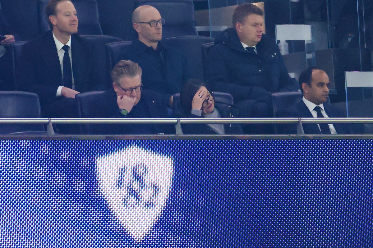 LONDON, ENGLAND - MARCH 05: Chief Executive of Tottenham Hotspur, Vinai Venkatesham (R) Matthew Collecott, Tottenham Hotspur Operations and Finance Director (L) and Vivienne Lewis (C) during the Premier League match between Tottenham Hotspur and Crystal Palace at Tottenham Hotspur Stadium on March 05, 2026 in London, England. (Photo by Marc Atkins/Getty Images)