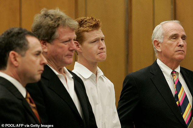 Ryan O'Neal (second left) and his son Redmond (C) attend court on drugs charges in 2008