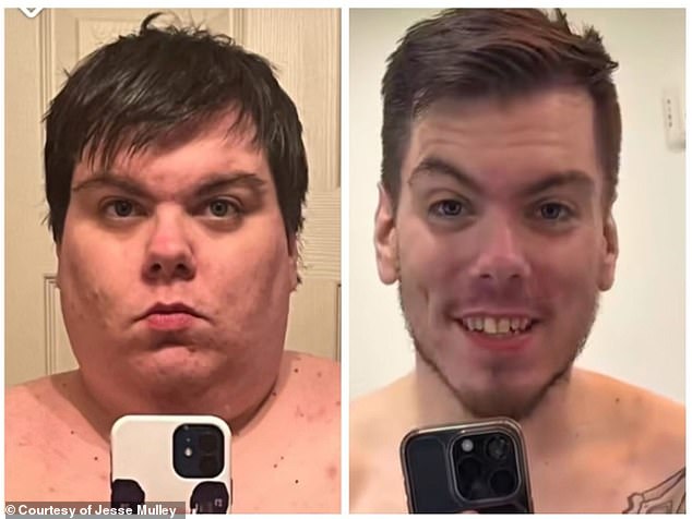 The above compares Mulley's facial features at the start of his weight loss journey (left) and after losing more than 300lbs (right)
