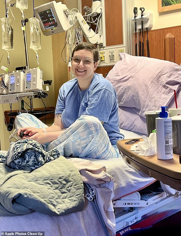 Weston-Dimery endured 10 abdominal surgeries and years of chemotherapy, radiation and immunotherapy before she was referred to the trial. She is shown above in the hospital