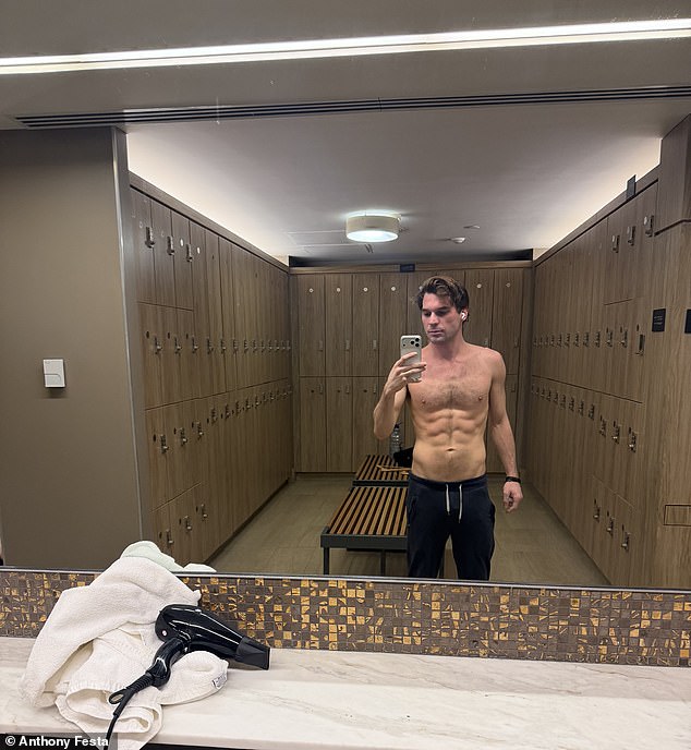 Anthony Festa pictured in an Equinox locker room told the Daily Mail: ‘I had never really experienced steam and sauna culture until I joined Equinox'