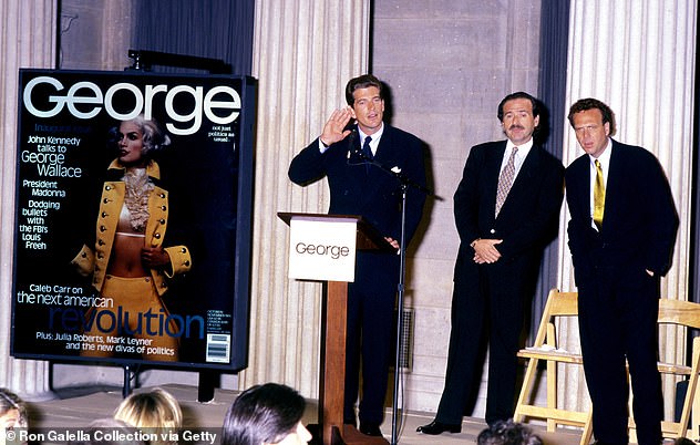 An archive photo of a press conference for the political magazine, which closed in 2001