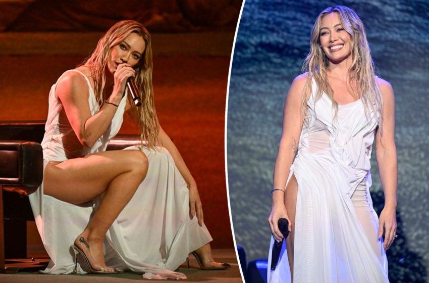  Hilary Duff wears wet-look dress for ‘The Tonight Show’ performance