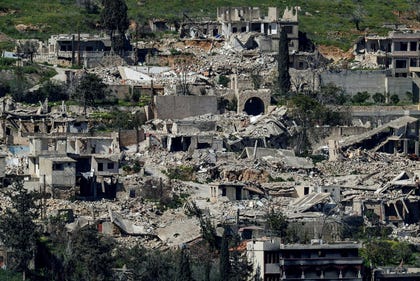 Buildings lie in ruins in southern Lebanon as seen from the Israeli side of the Israel-Lebanon border, earlier this month.