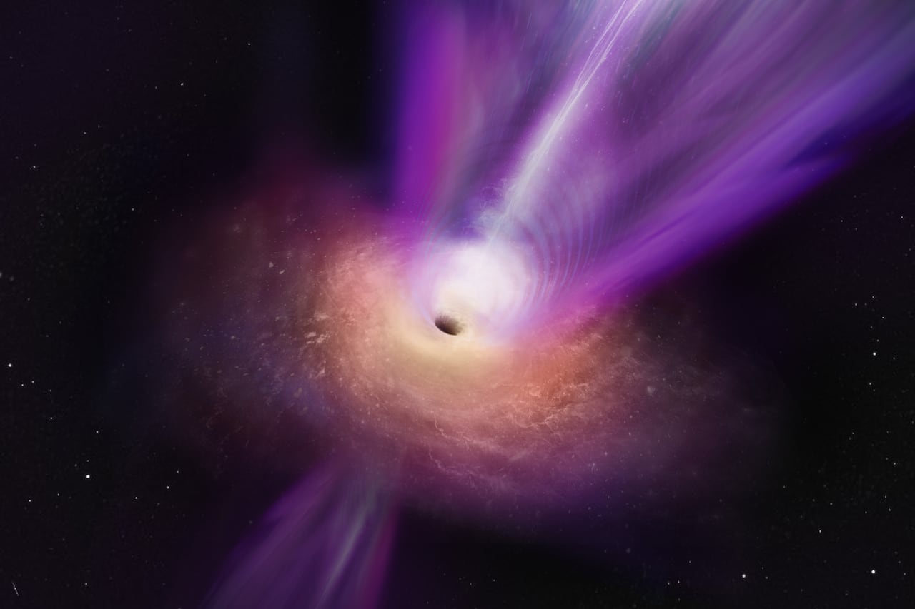 An illustration of a purple stream coming out of a black hole.