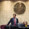 Then-Arizona state Senate President Karen Fann, right, is joined by then-Sen. Warren Petersen prior to a 2021 hearing on a review of the 2020 election results in Maricopa County.