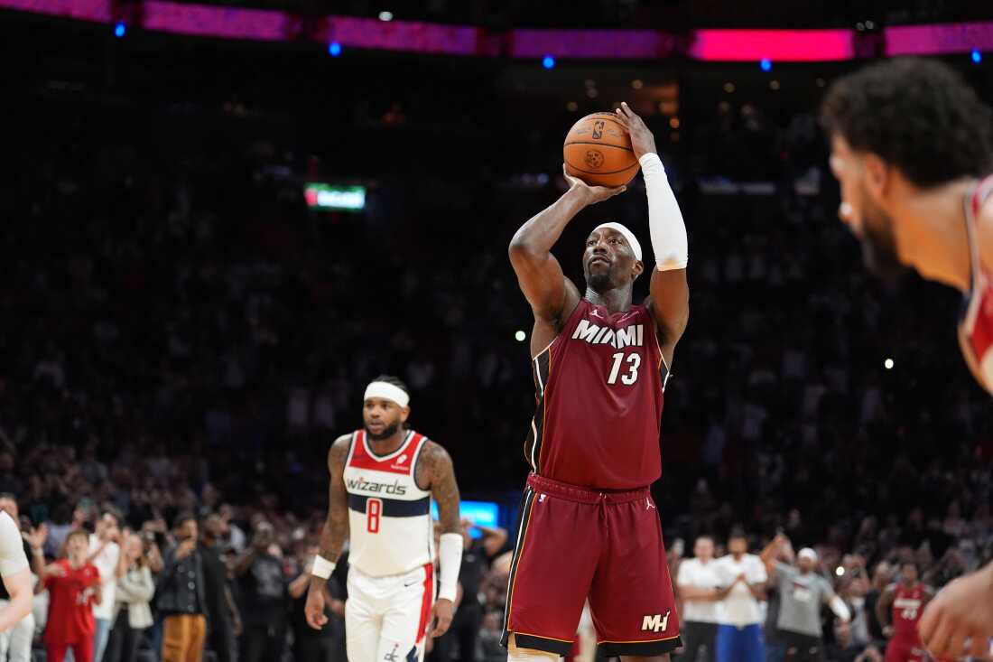 Miami Heat center Bam Adebayo (13) shoots a free throw to reach 83 points, the second-highest single game total in NBA history, in the second half of an NBA basketball game against the Washington Wizards, Tuesday, March 10, 2026, in Miami.