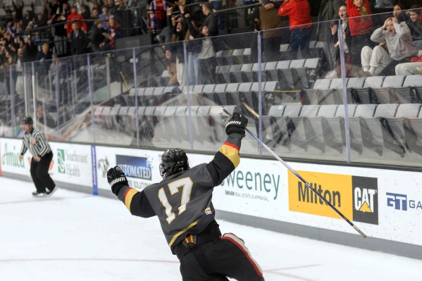 Blackstone Valley Schools forward Colin Dorgan celebrates after scoring the double-overtime game-winning goal against Portsmouth High School in the Rhode Island high school hockey state semifinal Wednesday, March 11, 2026, at Schneider Arena in Providence, R.I. (Courtesy of T.J. Auclair & Kyle Auclair/Little Big Leaguers Photography via AP)