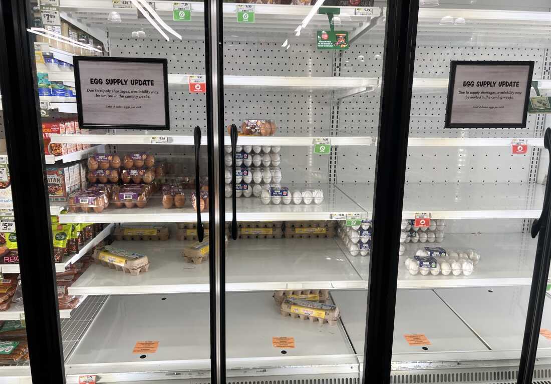 In the refrigerated section of a grocery store in January 2025, only a limited number of cases of eggs are on refrigerator shelves that are behind glass doors. Most of the shelves are barren. A sign on one door says: "Due to supply shortages, availability may be limited in the coming weeks."