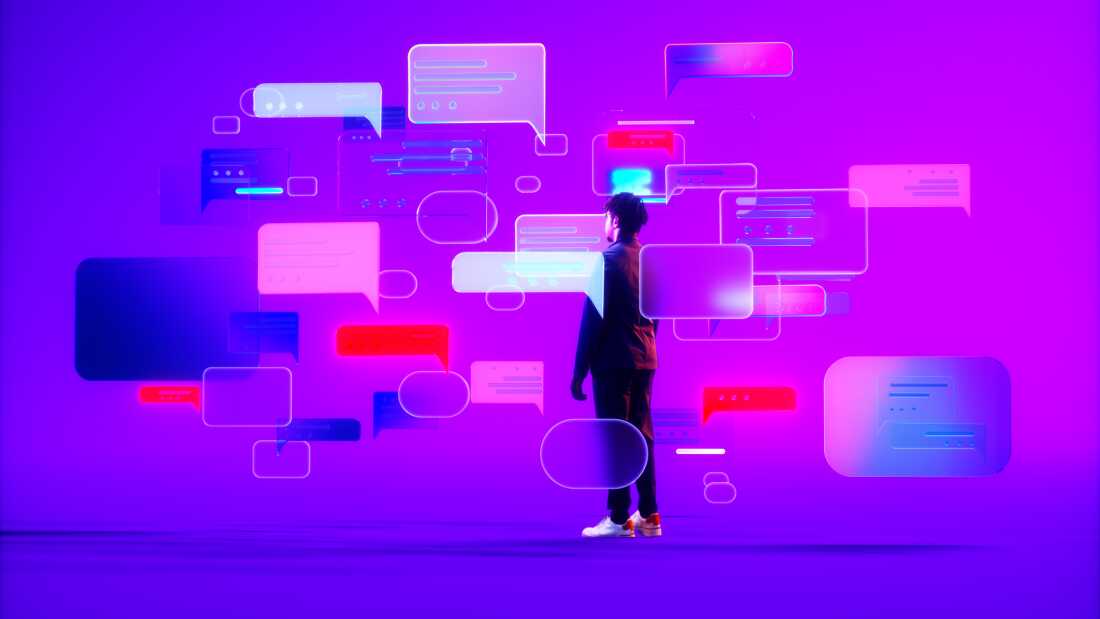 Digital generated image of african american ethnicity young man wearing suit standing on purple ramp and looking to multiple message chat icons. Artificial intelligence chatbot communication concept.
