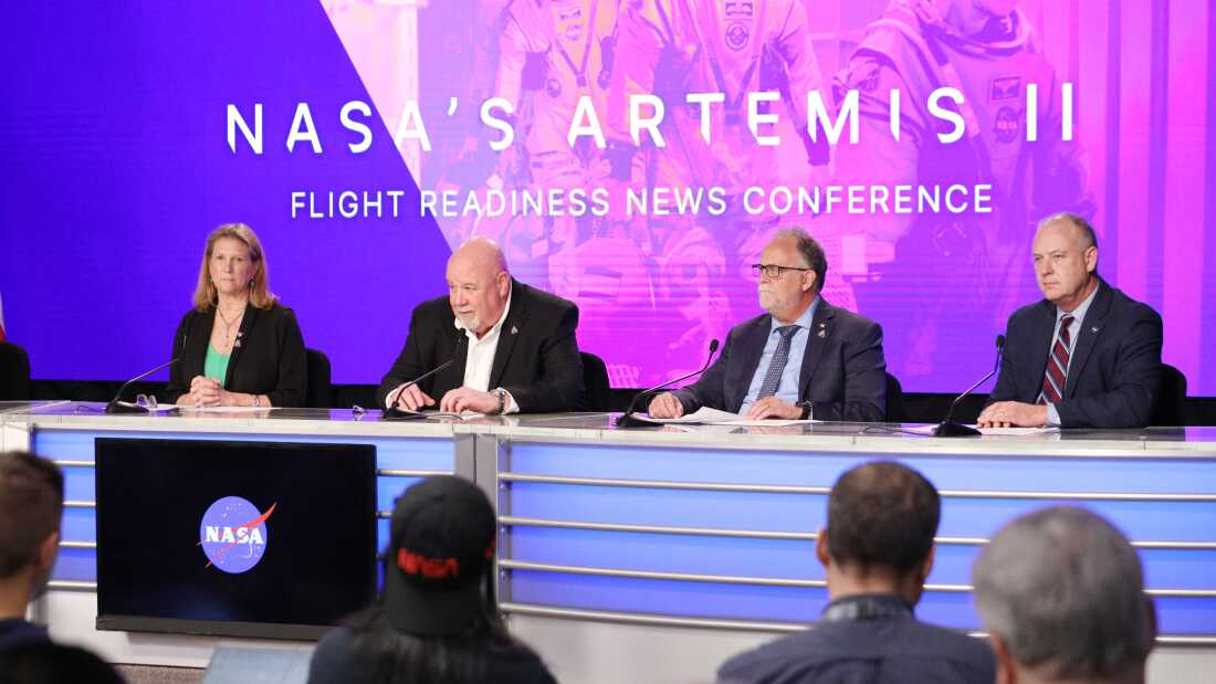 NASA employees brief the media on Thursday at the Kennedy Space Center in Cape Canaveral, Fla. about the delayed Artemis II mission. The news conference focused on revisions and fixes being done to the rocket components.