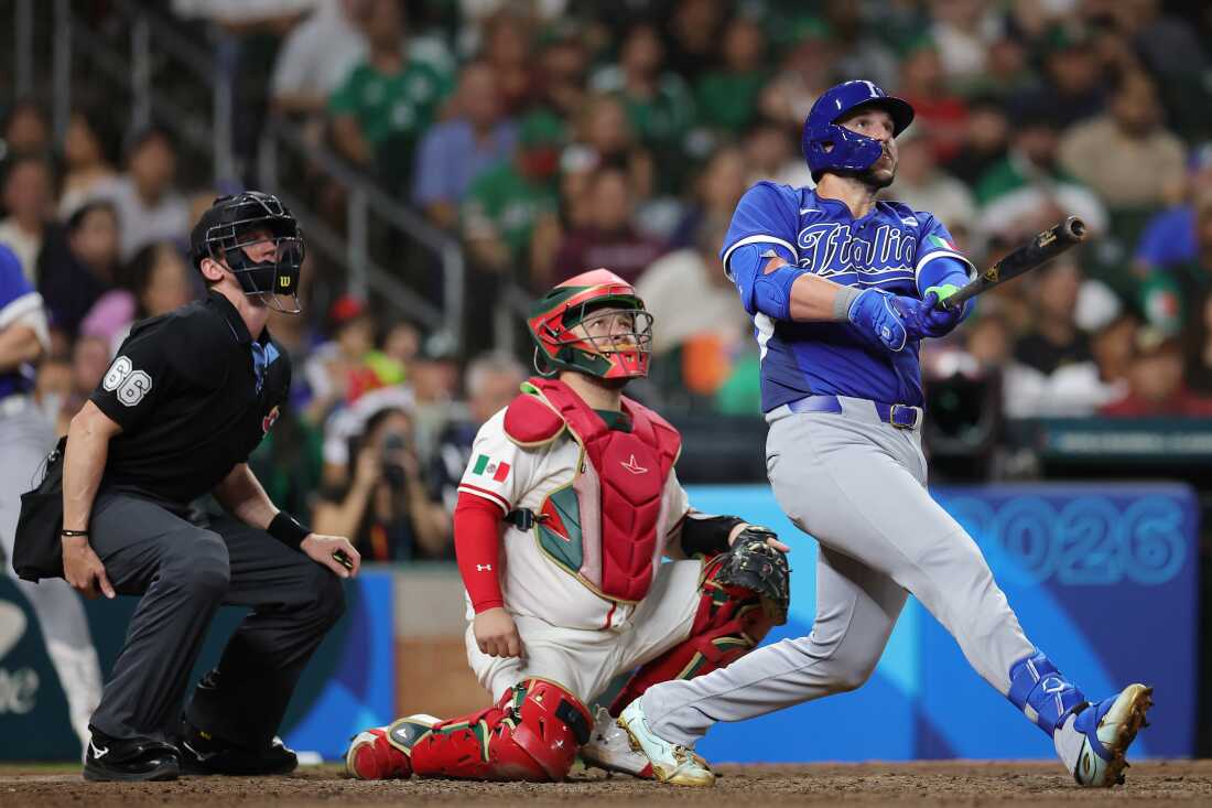 Vinnie Pasquantino of Team Italy smacks a home run against Mexico in the eighth inning during the 2026 World Baseball Classic on March 11, 2026 in Houston, Texas. (Photo by Alex Slitz/Getty Images)