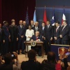 President Trump signs a proclamation committing to countering cartel criminal activity at the Shield of the Americas Summit.
