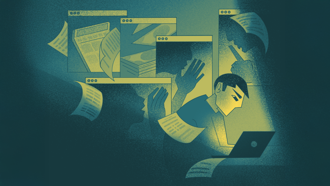 A man types into his laptop doing his taxes while shadowy figures of scammers whisper behind him.