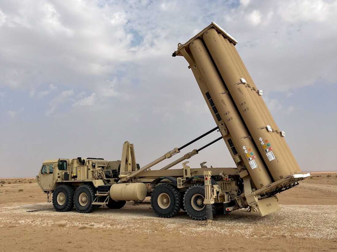 A Terminal High Altitude Area Defense (THAAD) launcher emplaced and prepared to launch interceptors to counter ballistic missile threats at an undisclosed location in CENTCOM area of responsibility in November 2023.