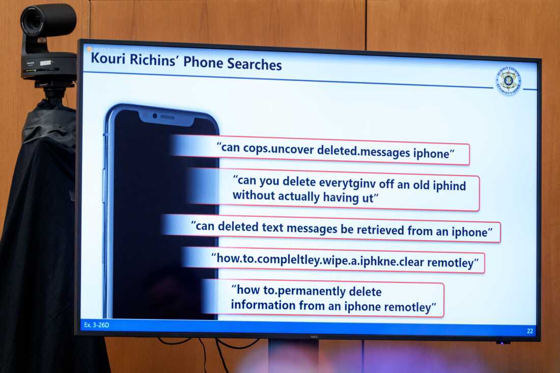 Some of Kouri Richins' recovered online searches are displayed onscreen during her murder trial in late February.