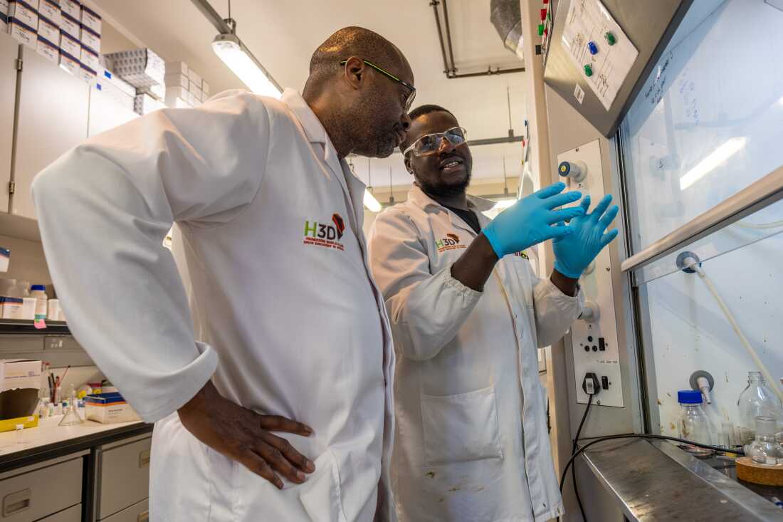 Kelly Chibale (l) interacts with a colleague in his synthetic chemistry laboratory at the University of Cape Town. Chibale and his team are seeking to discover new drugs for various diseases.