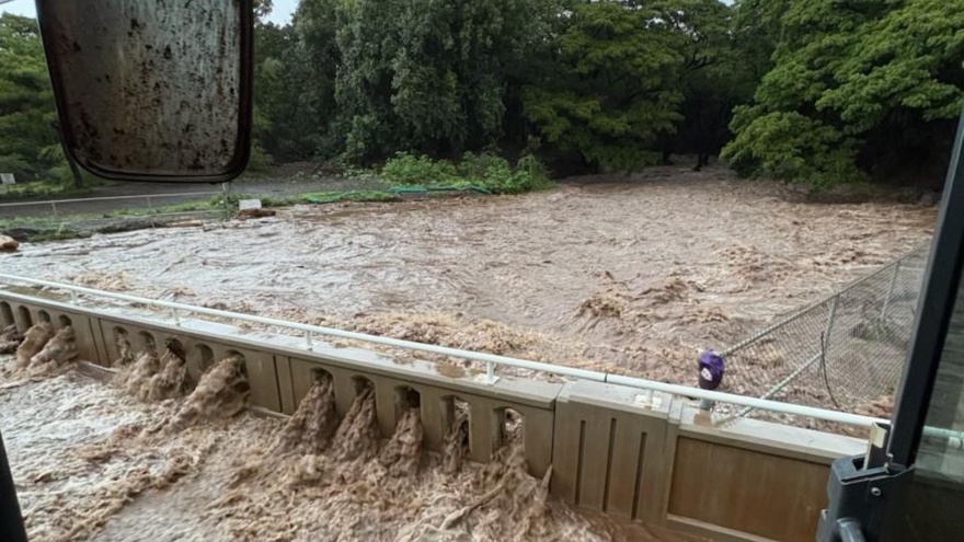 Water coming over Kawela Bridge on Kamehameha V Highway, the morning of March 22, 2026.