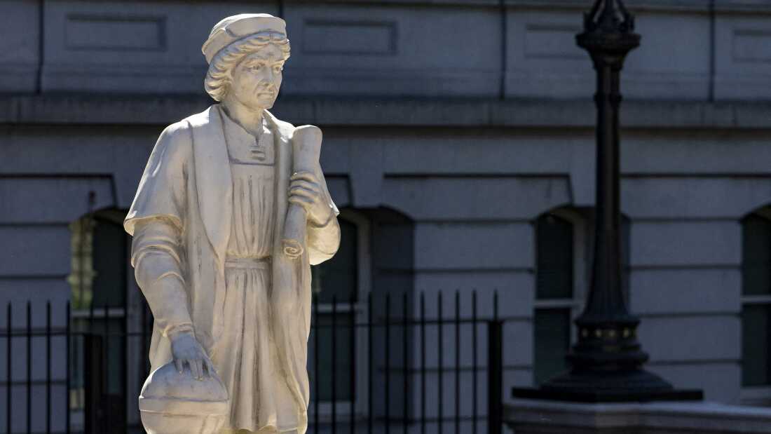 A statue of the explorer Christopher Columbus stands on White House grounds at the Eisenhower Executive Office Building (EEOB) in Washington, D.C., on March 23, 2026.
