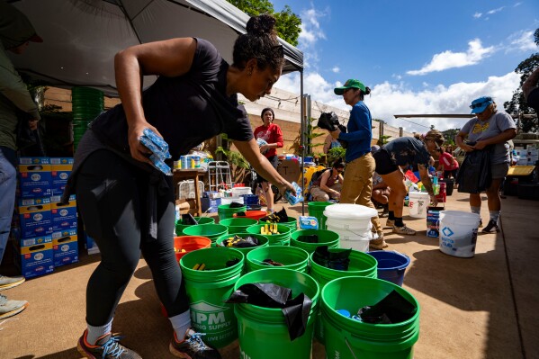 Volunteers sort donated supplies for distribution at Haleiwa Distillery following recent flooding, Tuesday, March 24, 2026, in Waialua, Hawaii. (AP Photo/Mengshin Lin)