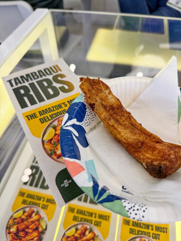 Brazilian tambaqui ribs, from a large, freshwater fish native to the Amazon, are displayed at the Seafood Expo North America in Boston on March 17, 2026. (J. M. Hirsch via AP)