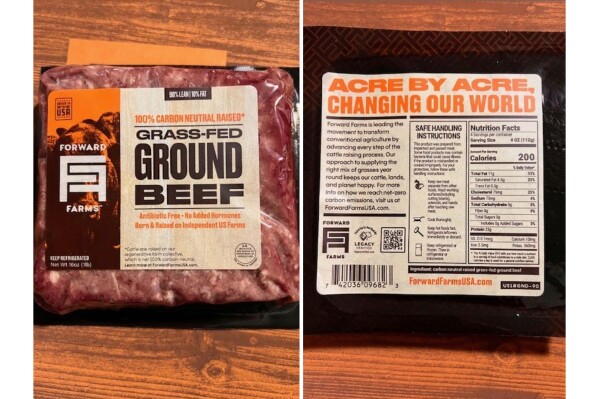 This combination of photos provided by the U.S. Department of Agriculture in December 2025 shows a 16-ounce package of Forward Farms Grass-Fed Ground Beef produced by Mountain West Food Group. (USDA via AP)
