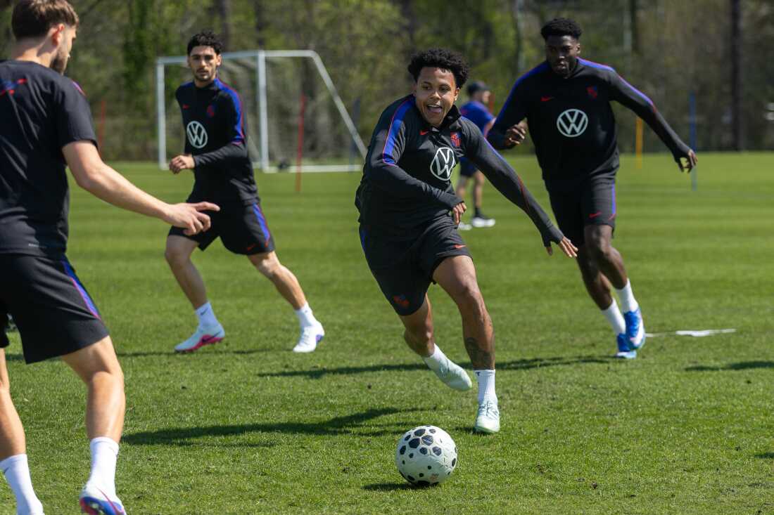 Weston McKennie chases after the ball during a warm-up drill Friday ahead of a international match Saturday between the USMNT and Belgium in Atlanta.