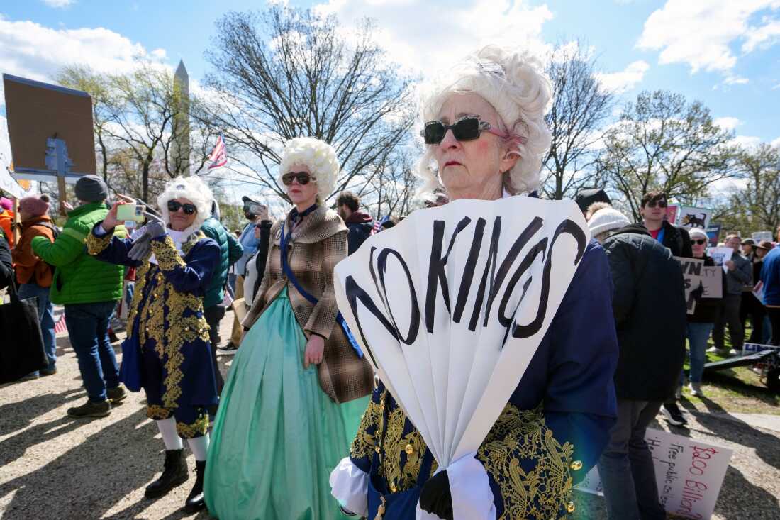 Demonstrators march along the National Mall during the "No Kings" national day of protest in Washington, DC, on March 28, 2026. Nationwide protests against US President Donald Trump are expected Saturday as millions of people vent fury over what they see as his authoritarian bent and other forms of cruel, law-trampling governance. It is the third time in less than a year that Americans will take to the streets as part of a grassroots movement called "No Kings," the most vocal and visual conduit for opposition to Trump since he began his second term in January 2025. (Photo by Ken Cedeno / AFP via Getty Images)