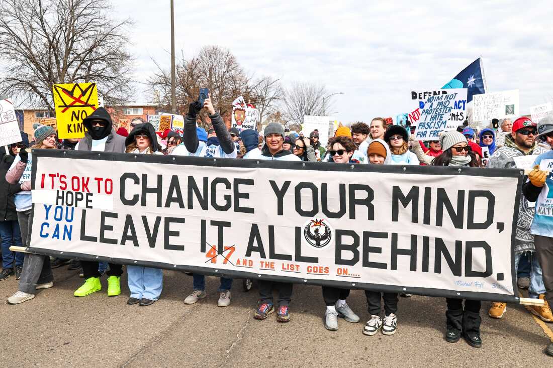Demonstrators begin to march from the Western Sculpture Garden during a No Kings protest at the Minnesota State Capitol in St. Paul, Minnesota on Saturday March 28, 2026. (Photo by Steven Garcia for MPR News)